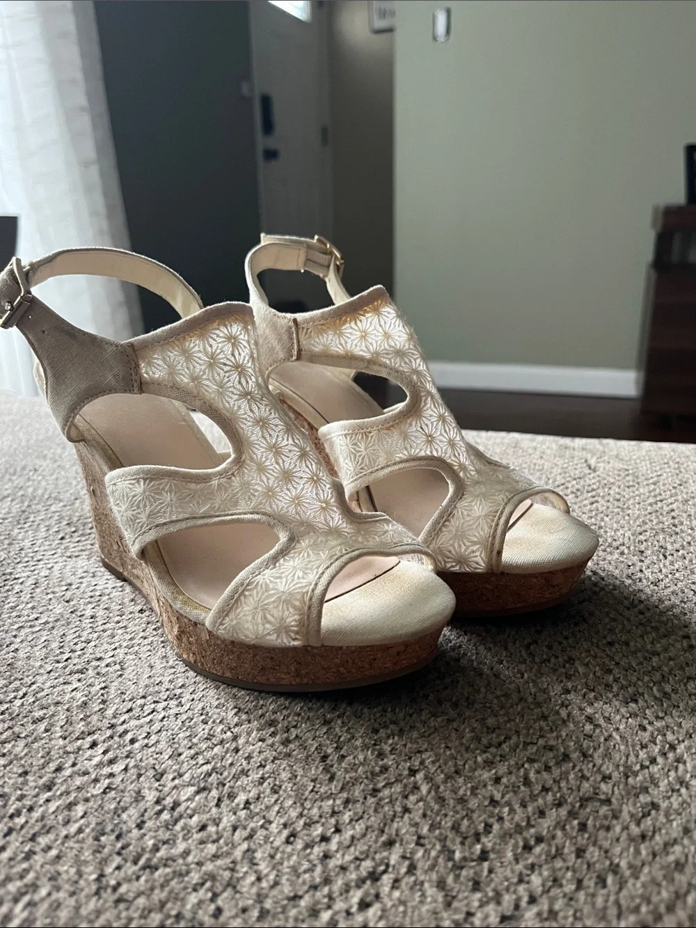 Fergalicious Cream Floral Cutout Cork Wedge Sandals
